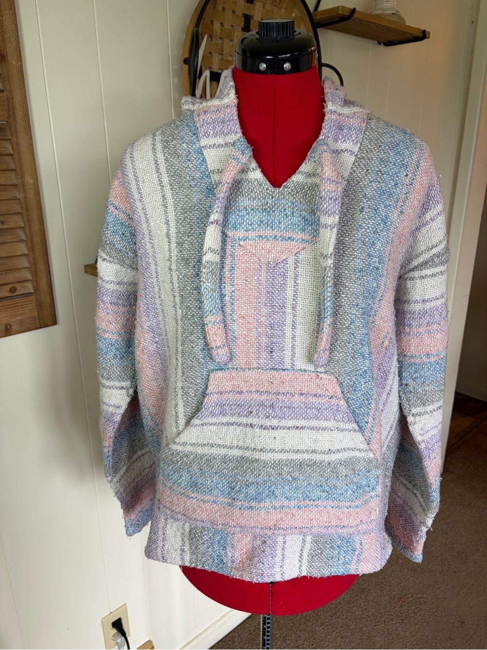 Pastel Striped Scoop-Neck Woven Baja Hoodie Sweater in Pink, Blue, Gray & Cream